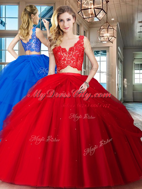 Sleeveless Floor Length Lace and Ruffled Layers Zipper Quinceanera Dresses with Red