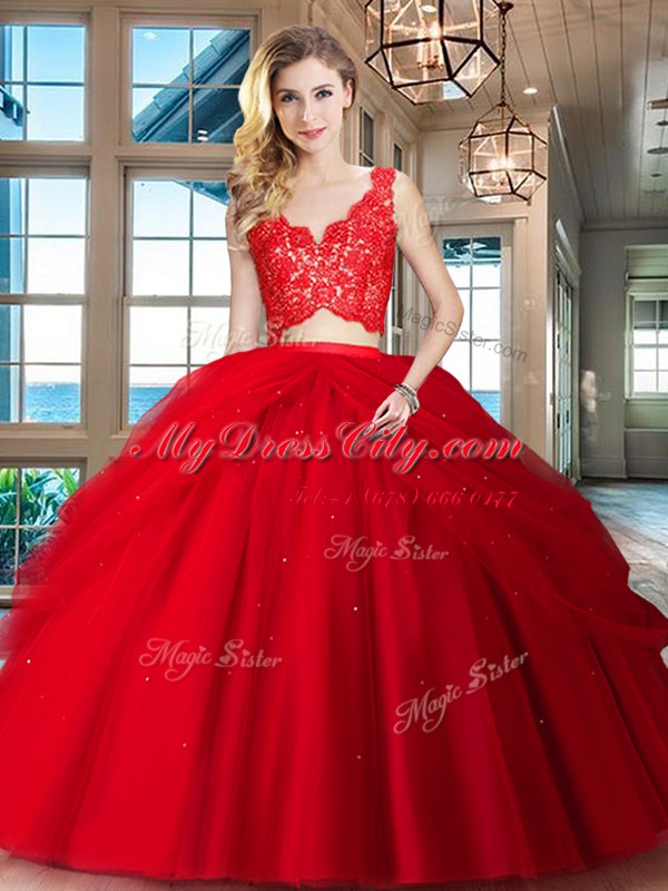 Sleeveless Floor Length Lace and Ruffled Layers Zipper Quinceanera Dresses with Red