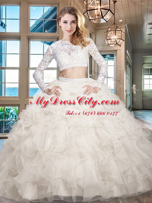 Sophisticated White Two Pieces Organza Scoop Long Sleeves Beading and Lace and Ruffles Floor Length Zipper 15th Birthday Dress