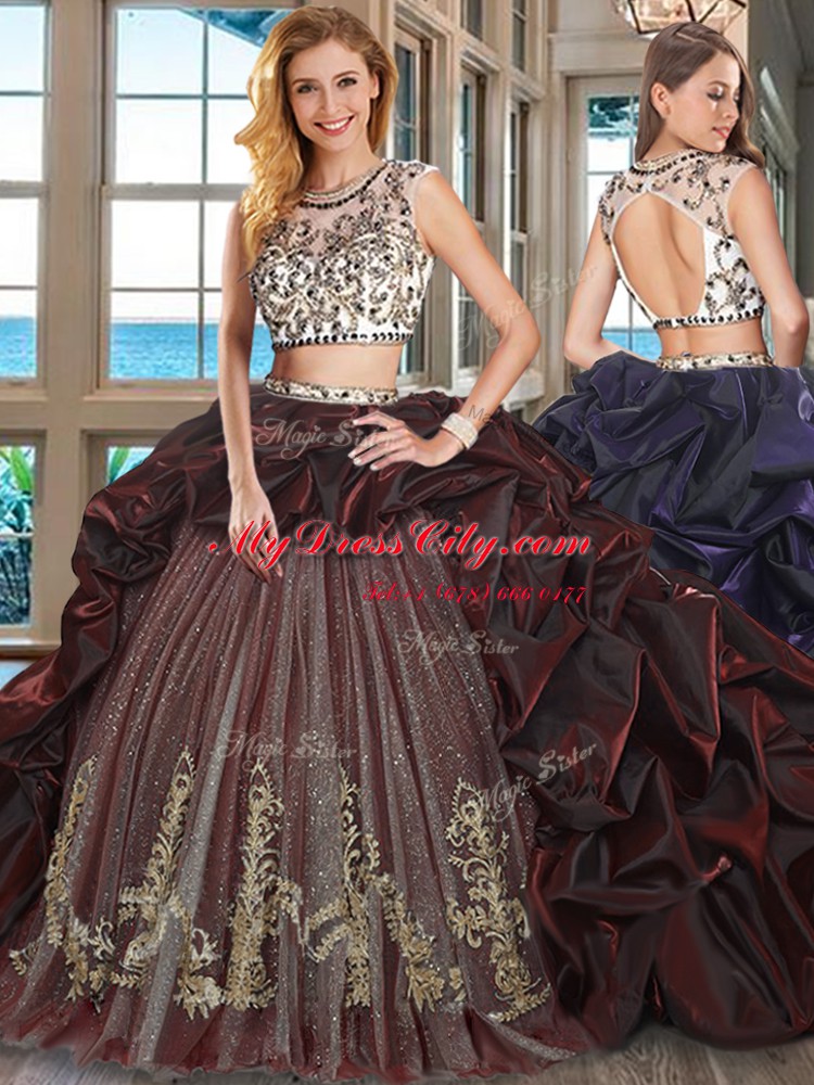 Traditional Pick Ups Scoop Cap Sleeves Brush Train Backless 15 Quinceanera Dress Burgundy Organza and Tulle