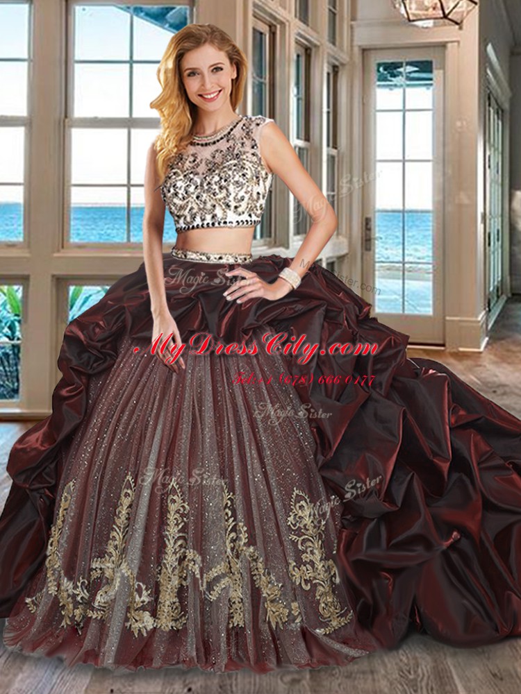 Traditional Pick Ups Scoop Cap Sleeves Brush Train Backless 15 Quinceanera Dress Burgundy Organza and Tulle