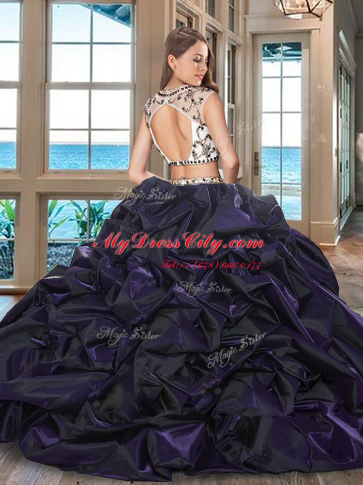 Traditional Pick Ups Scoop Cap Sleeves Brush Train Backless 15 Quinceanera Dress Burgundy Organza and Tulle