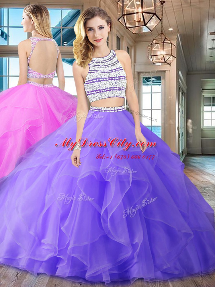 Excellent With Train Lavender Quinceanera Dresses Scoop Sleeveless Brush Train Backless