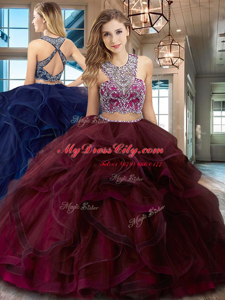 Scoop Sleeveless Tulle With Brush Train Criss Cross Vestidos de Quinceanera in Burgundy with Beading and Ruffles