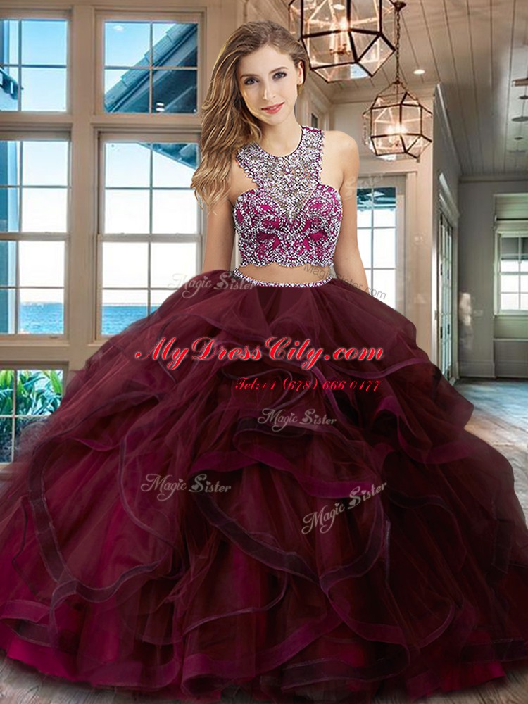 Scoop Sleeveless Tulle With Brush Train Criss Cross Vestidos de Quinceanera in Burgundy with Beading and Ruffles