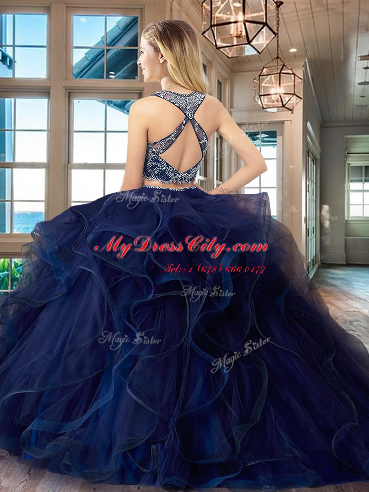 Scoop Sleeveless Tulle With Brush Train Criss Cross Vestidos de Quinceanera in Burgundy with Beading and Ruffles