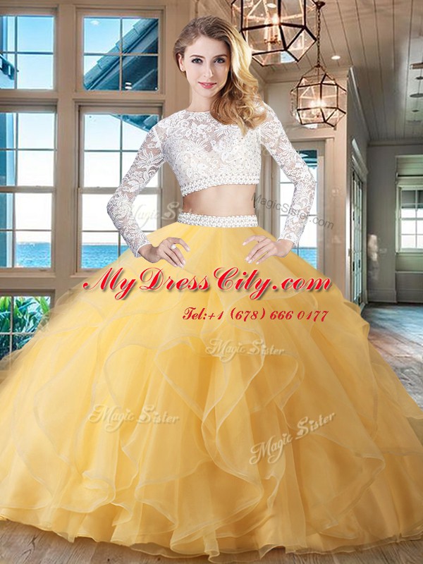 Fantastic Gold Scoop Neckline Beading and Lace and Ruffles 15th Birthday Dress Long Sleeves Zipper