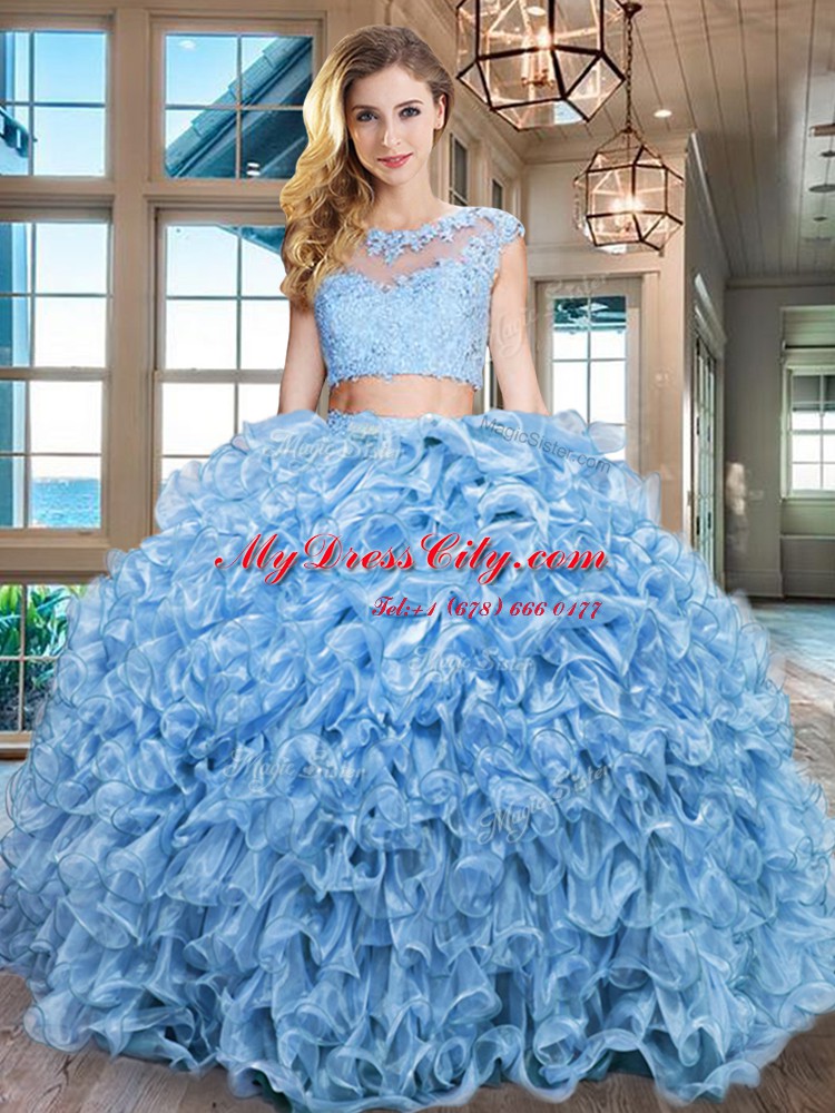 Beautiful Baby Blue Zipper Scoop Beading and Appliques and Ruffles Sweet 16 Quinceanera Dress Organza Cap Sleeves