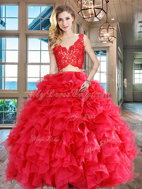 Excellent Floor Length Red 15th Birthday Dress Organza Sleeveless Lace and Ruffles