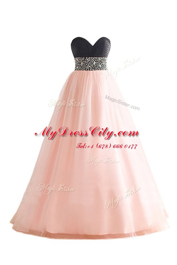 Delicate Beading Evening Dress Pink And Black Lace Up Sleeveless Floor Length