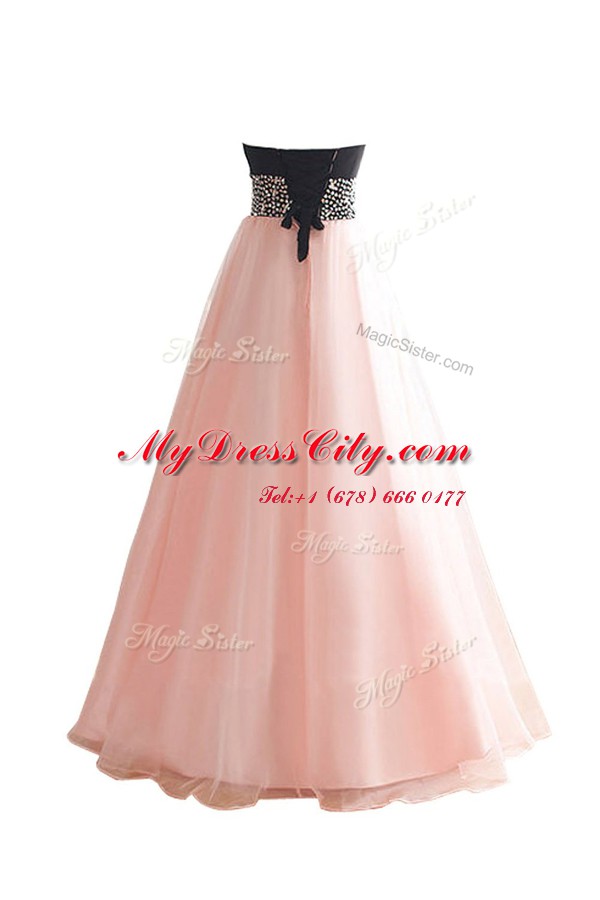 Delicate Beading Evening Dress Pink And Black Lace Up Sleeveless Floor Length