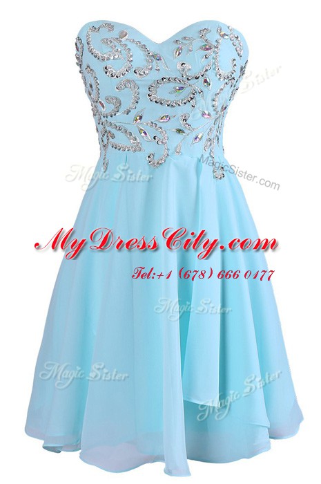 Blue Criss Cross Evening Dress Embroidery Sleeveless Knee Length