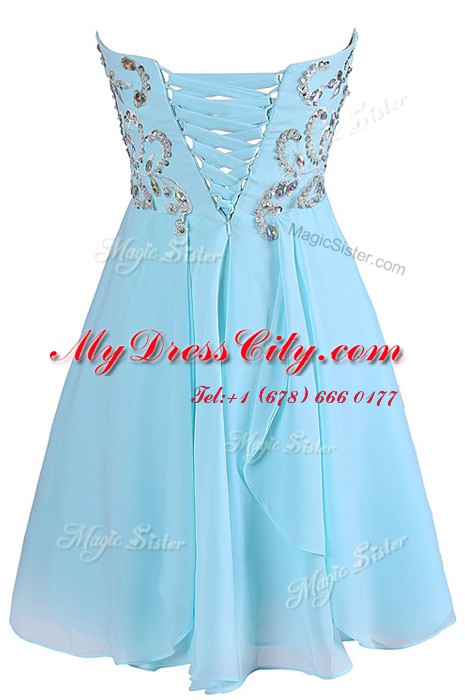 Blue Criss Cross Evening Dress Embroidery Sleeveless Knee Length