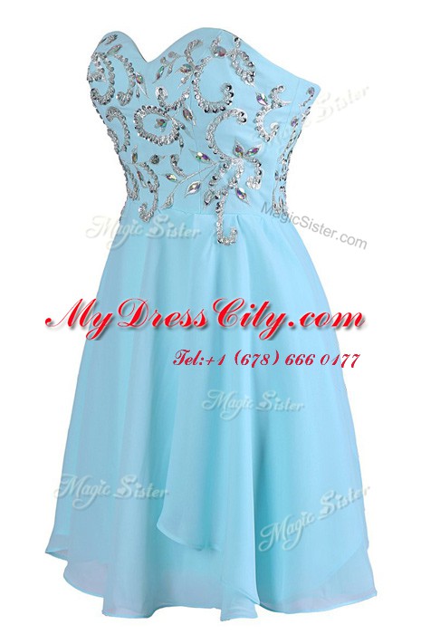 Blue Criss Cross Evening Dress Embroidery Sleeveless Knee Length