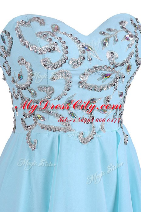 Blue Criss Cross Evening Dress Embroidery Sleeveless Knee Length