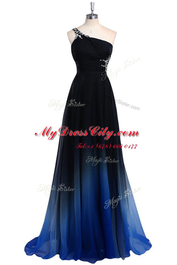 One Shoulder Sleeveless Criss Cross Prom Dress Navy Blue Chiffon