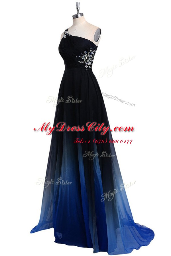 One Shoulder Sleeveless Criss Cross Prom Dress Navy Blue Chiffon