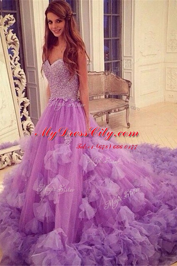 Pretty Court Train A-line Homecoming Dress Lavender Sweetheart Tulle Sleeveless With Train Backless