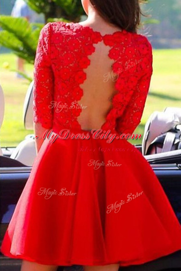 Halter Top Red Half Sleeves Lace Backless Prom Gown for Prom and Party