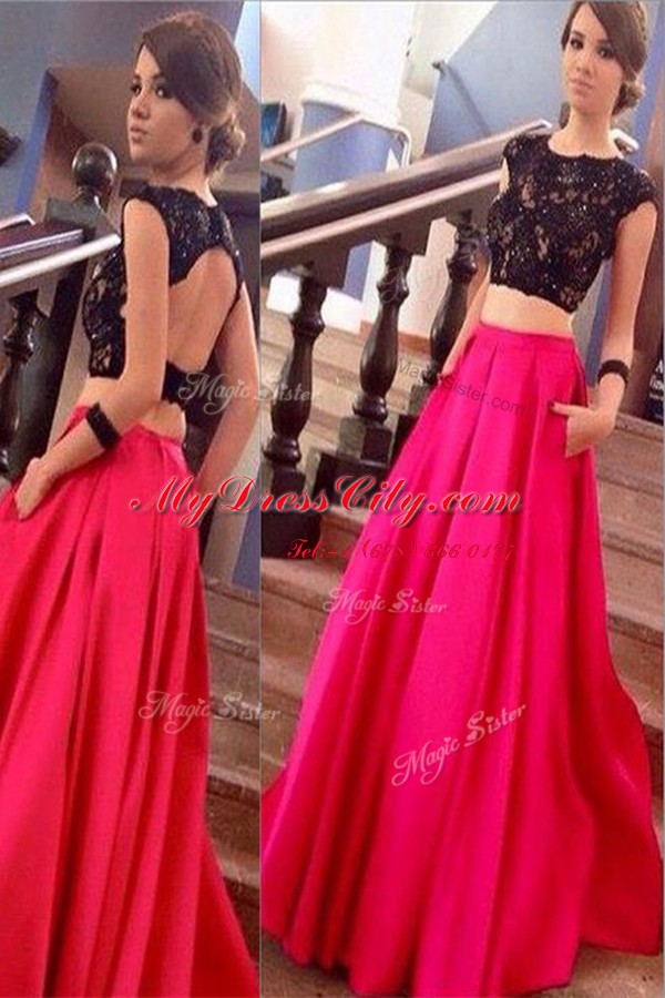 Pink And Black Dress for Prom Prom and Party and For with Lace Scoop Short Sleeves Brush Train Backless