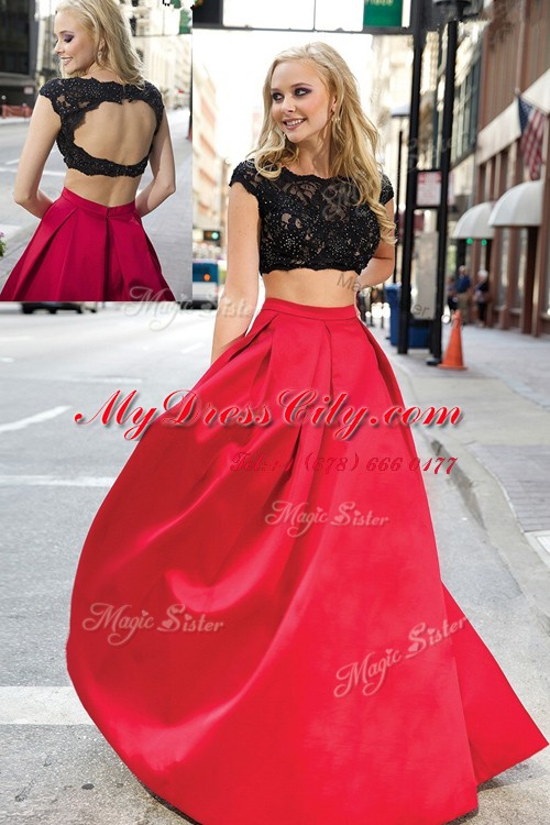 Pink And Black Dress for Prom Prom and Party and For with Lace Scoop Short Sleeves Brush Train Backless