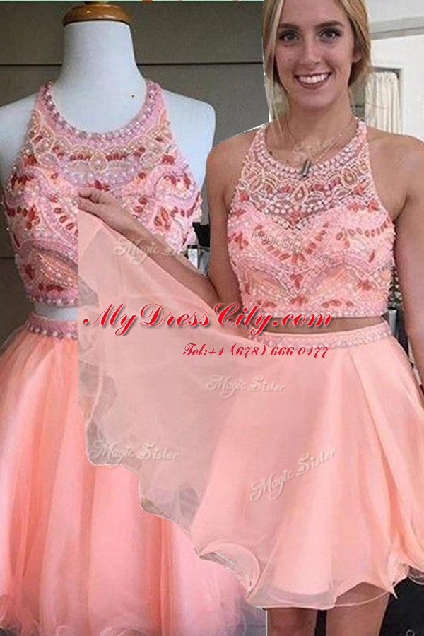 Customized Scoop Mini Length Pink Party Dress Wholesale Chiffon Sleeveless Beading