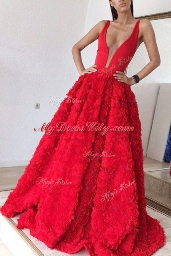 Red Satin Zipper Dress for Prom Sleeveless With Brush Train Appliques