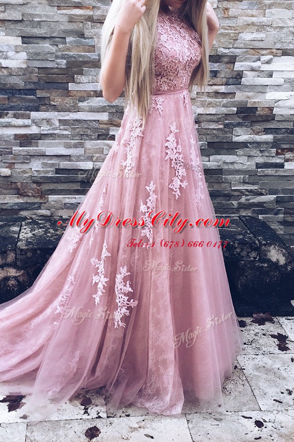 Luxurious Scoop Pink Sleeveless Sweep Train Appliques and Sashes ribbons Prom Evening Gown