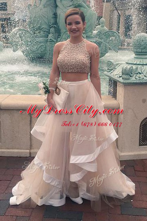 Discount Champagne A-line Tulle Scoop Sleeveless Sequins Floor Length Zipper High School Pageant Dress