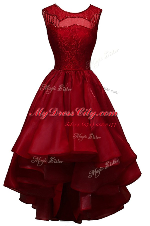 A-line Evening Dress Wine Red Bateau Organza Sleeveless High Low Zipper