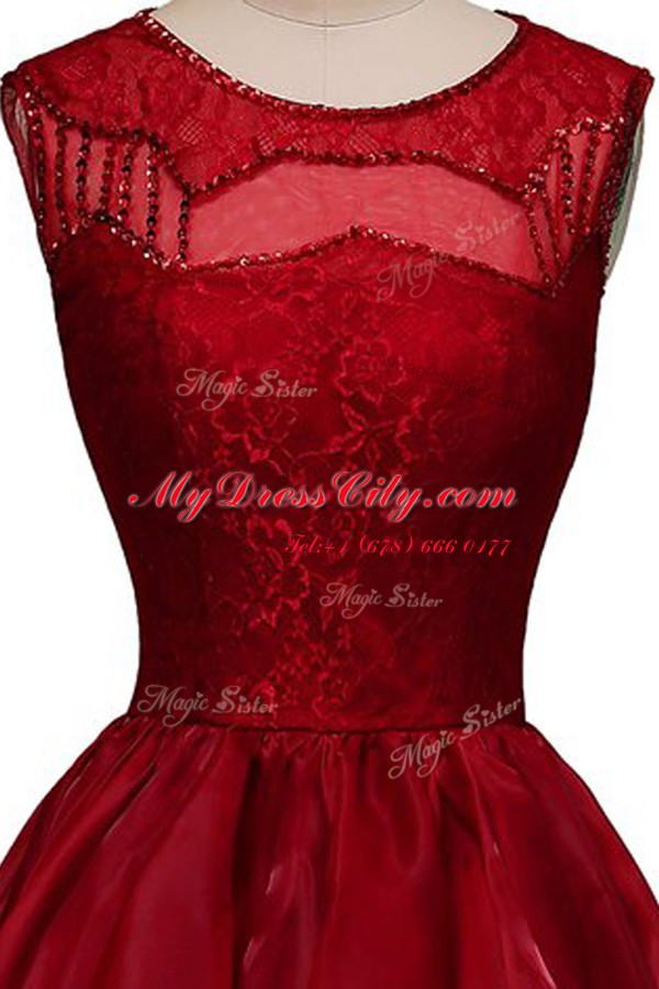 A-line Evening Dress Wine Red Bateau Organza Sleeveless High Low Zipper