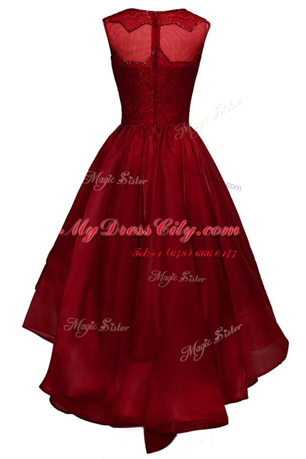 A-line Evening Dress Wine Red Bateau Organza Sleeveless High Low Zipper