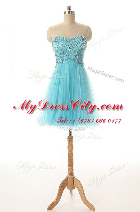 Simple Aqua Blue Sweetheart Lace Up Beading Party Dress Sleeveless