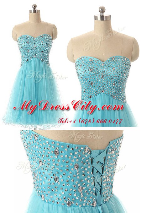 Simple Aqua Blue Sweetheart Lace Up Beading Party Dress Sleeveless