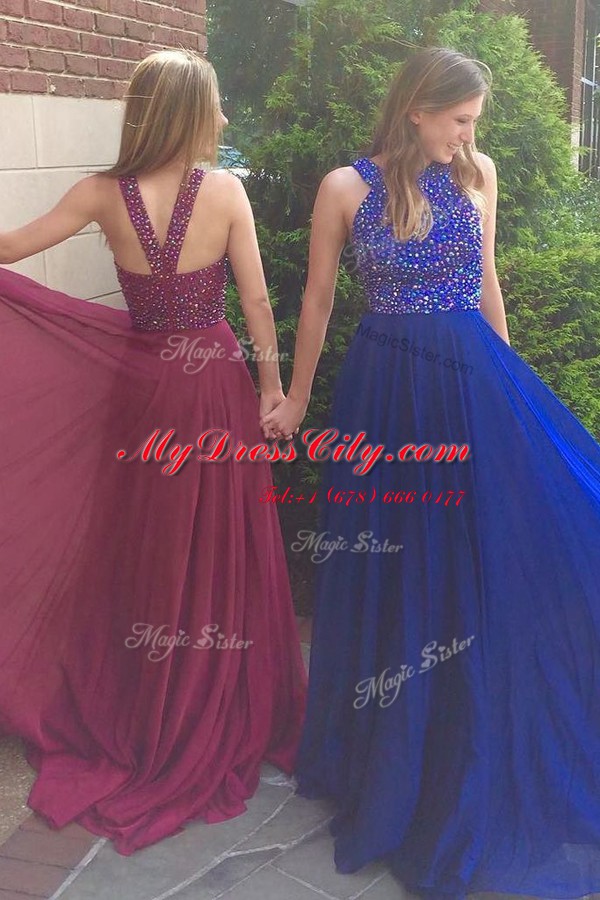 High End Royal Blue Scoop Side Zipper Beading Dress for Prom Sweep Train Sleeveless