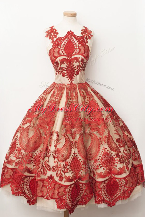 Red A-line Tulle Square Sleeveless Lace Tea Length Zipper Dress for Prom