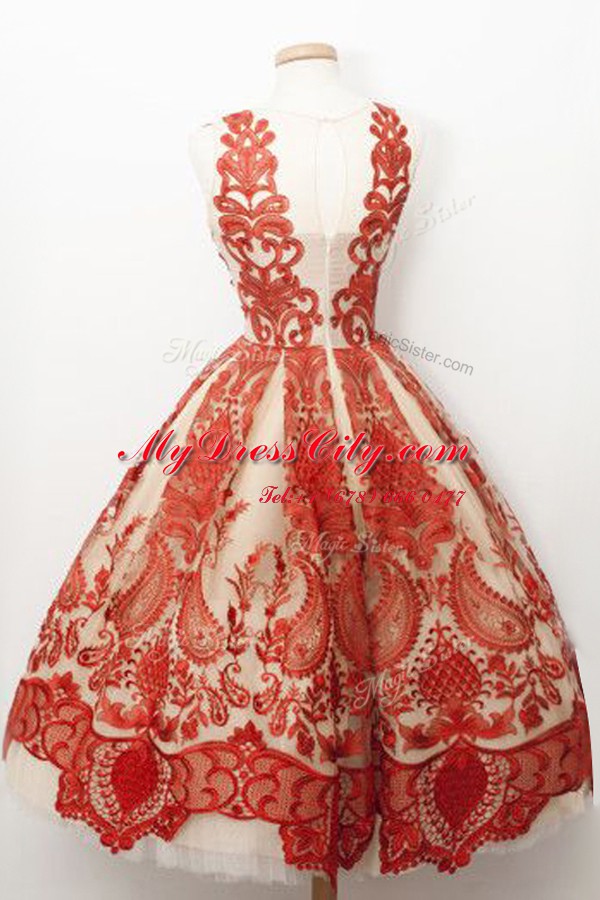 Red A-line Tulle Square Sleeveless Lace Tea Length Zipper Dress for Prom