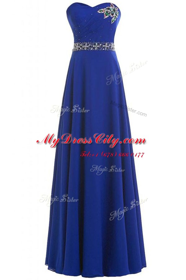 Hot Sale Beading Homecoming Dress Royal Blue Lace Up Sleeveless Floor Length