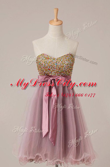 Tulle Sleeveless Knee Length Homecoming Dress and Sashes ribbons and Sequins