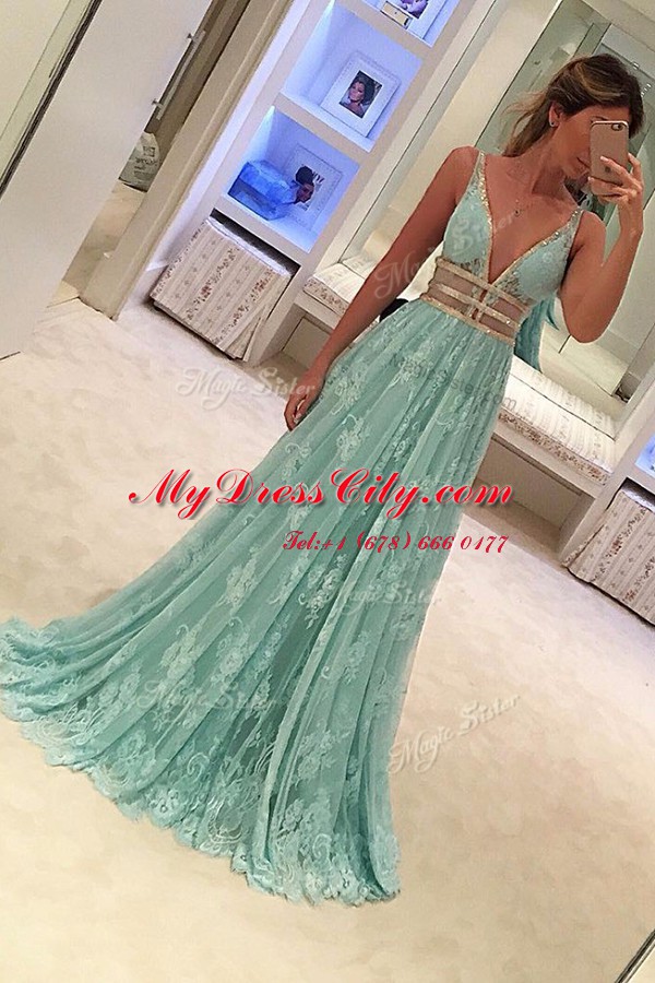 Apple Green Prom Gown Lace Sweep Train Sleeveless Beading