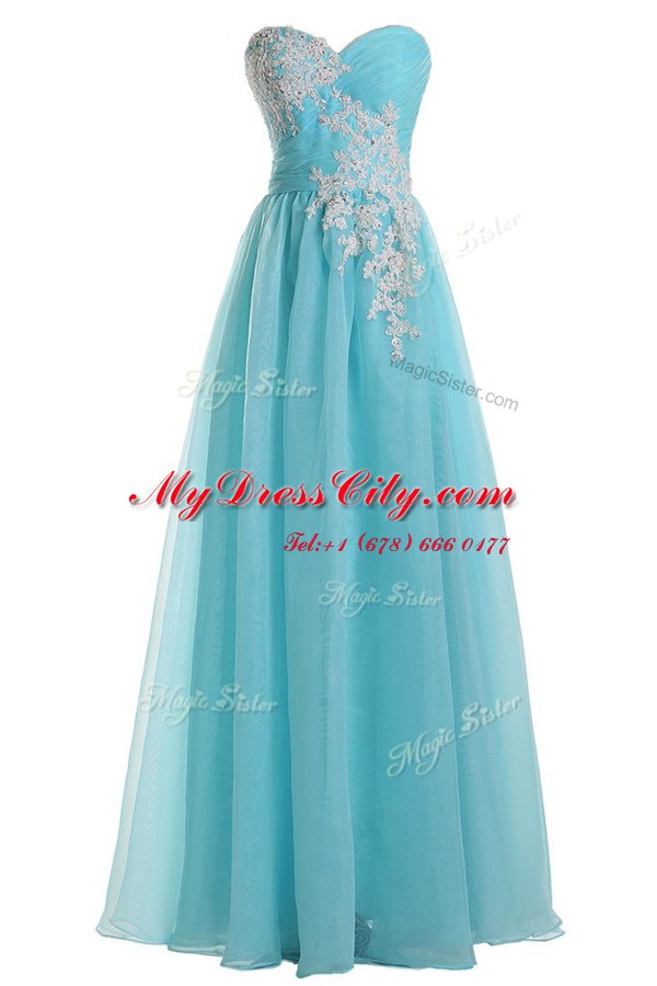 Inexpensive Blue Sleeveless Floor Length Appliques Zipper Prom Dress