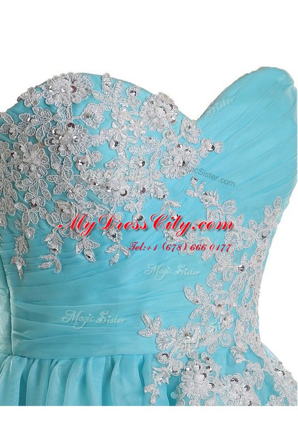 Inexpensive Blue Sleeveless Floor Length Appliques Zipper Prom Dress