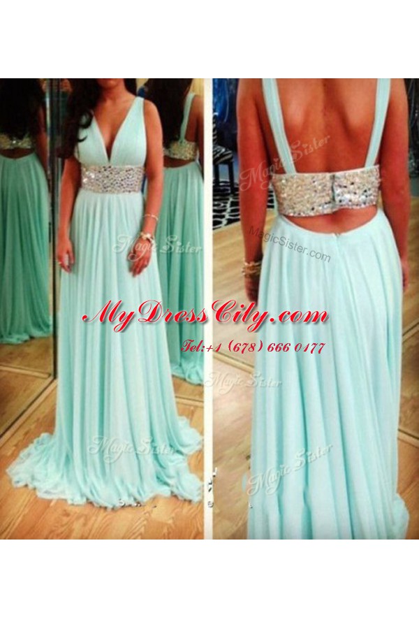 Classical Aqua Blue V-neck Backless Beading Prom Party Dress Sleeveless