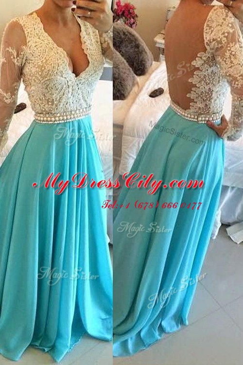 High End Floor Length Backless Prom Gown Baby Blue for Prom and Party with Lace