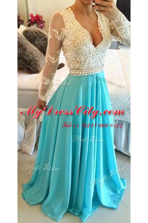 High End Floor Length Backless Prom Gown Baby Blue for Prom and Party with Lace