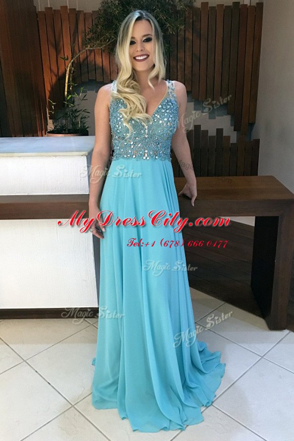 Excellent V-neck Sleeveless Chiffon Prom Dress Beading Sweep Train Backless