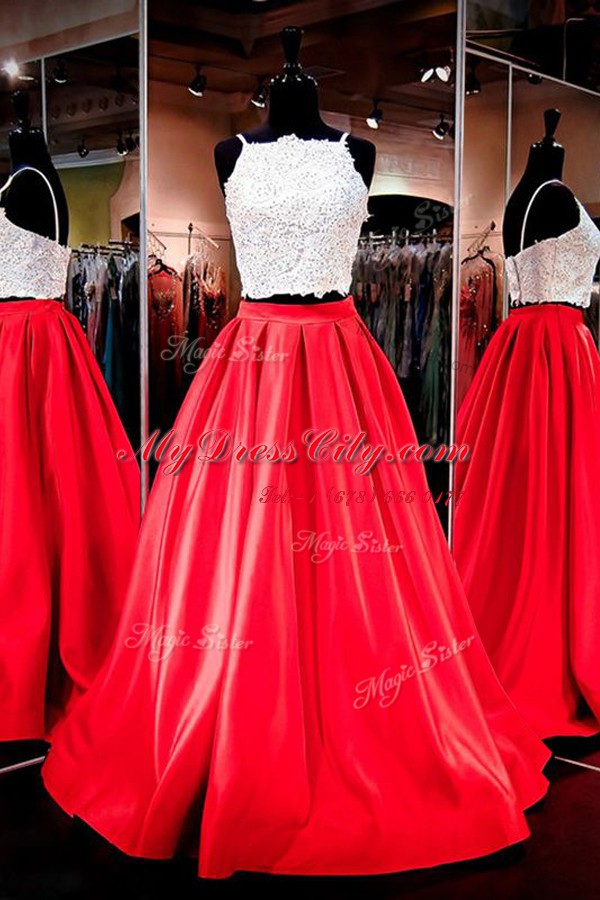 Custom Fit Sleeveless Elastic Woven Satin Floor Length Backless Evening Dress in Red with Lace and Ruching