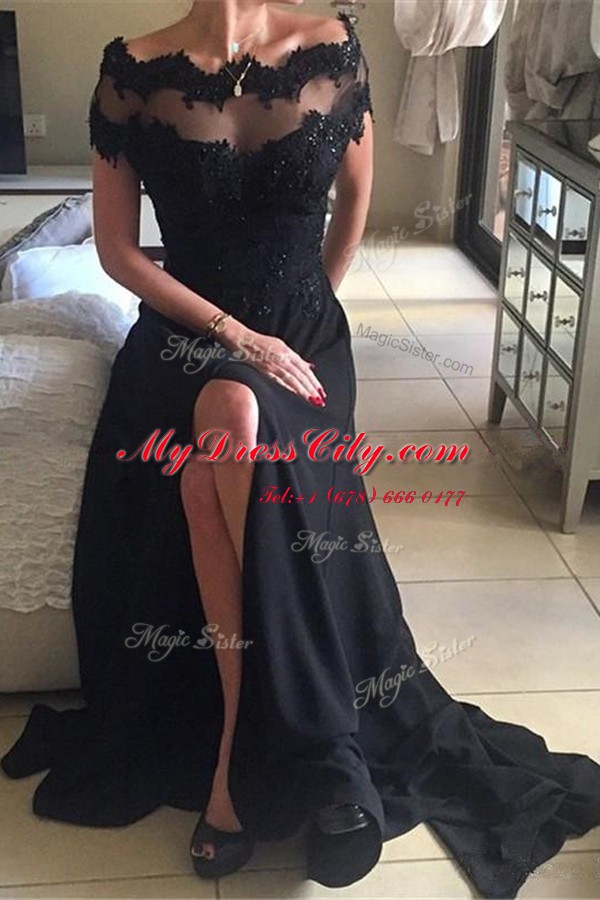 Lovely Black A-line Off The Shoulder Short Sleeves Chiffon Sweep Train Backless Beading and Lace Prom Gown