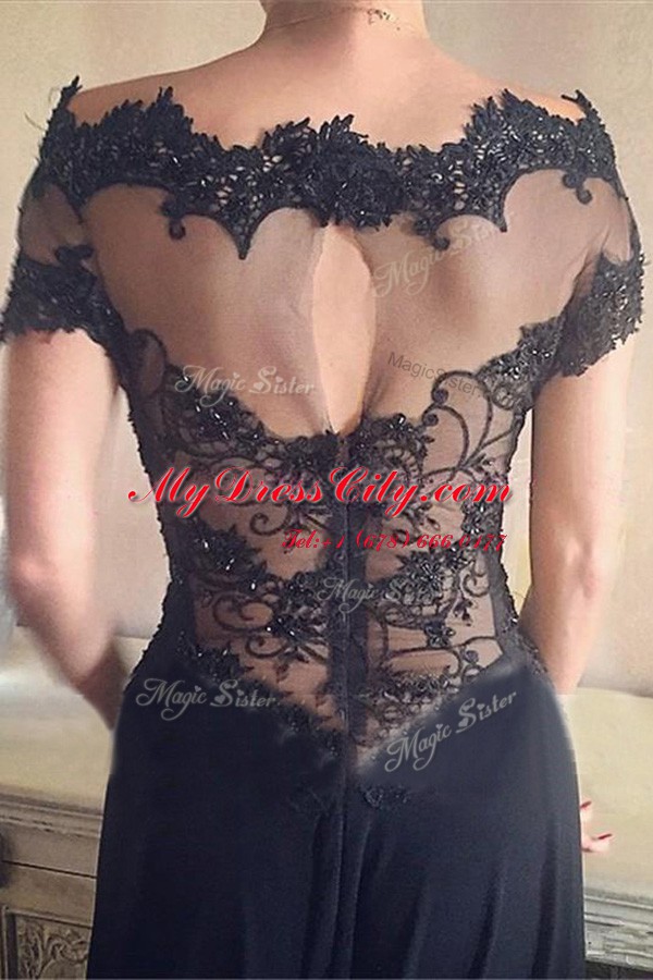 Lovely Black A-line Off The Shoulder Short Sleeves Chiffon Sweep Train Backless Beading and Lace Prom Gown