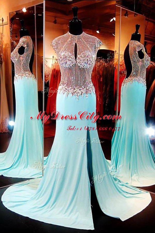 Modern Aqua Blue High-neck Neckline Beading Evening Dress Cap Sleeves Backless